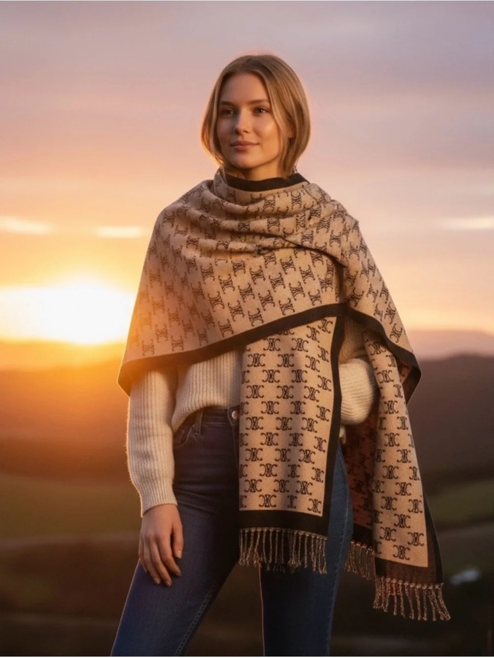 New Cashmere Silk Blend Double Sided Monogram Fringe Oversized Shawl Wrap 72x26